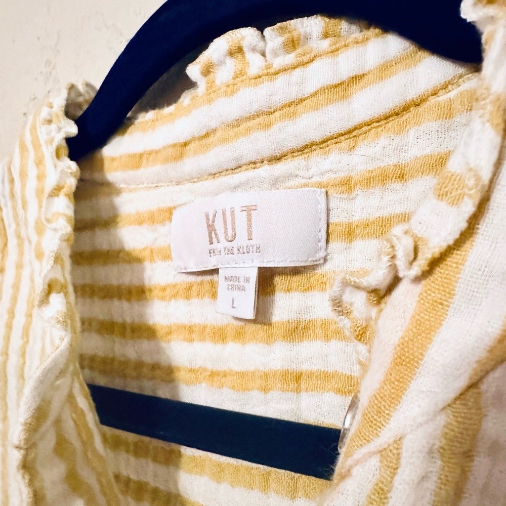 Kut from the Kloth Large Yellow and White Striped Ruffle Sleeve Button-Front Top - Picture 2 of 9